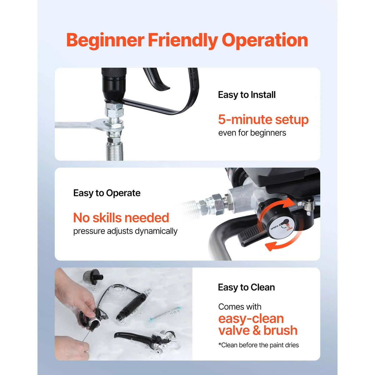 Stand Airless Paint Sprayer, 650W, 3000PSI High Pressure Airless Sprayer with Cart, Cleaning Brush, Hose, Extension Rod, Nozzles, Electric Spray Paint Machine for House Exterior and Interior - Image 5