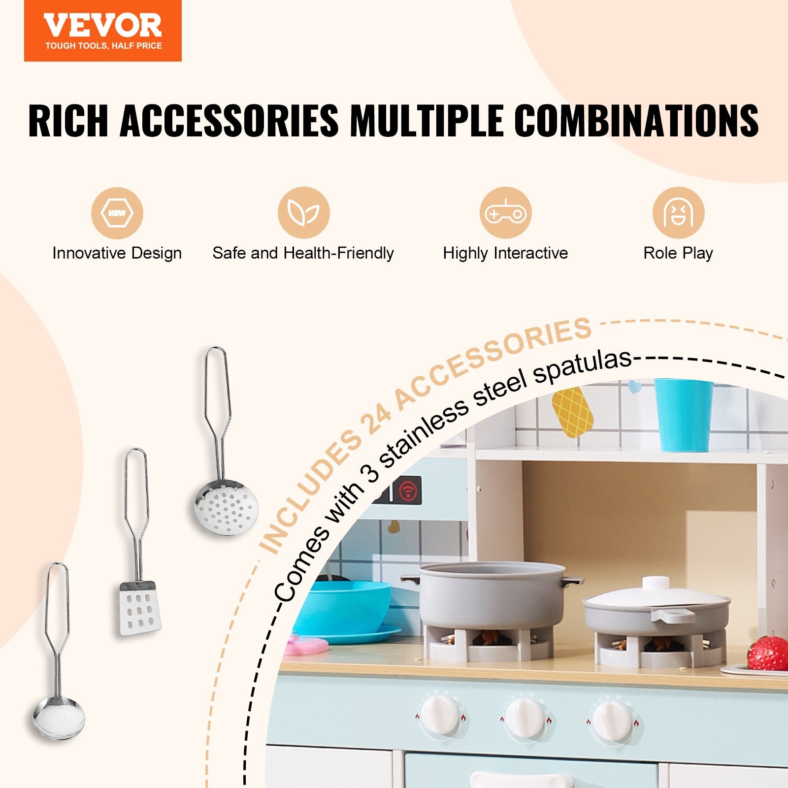 Kitchen Playset Kids Pretend Cooking Play Toy 24 Piece Accessories White - Image 2