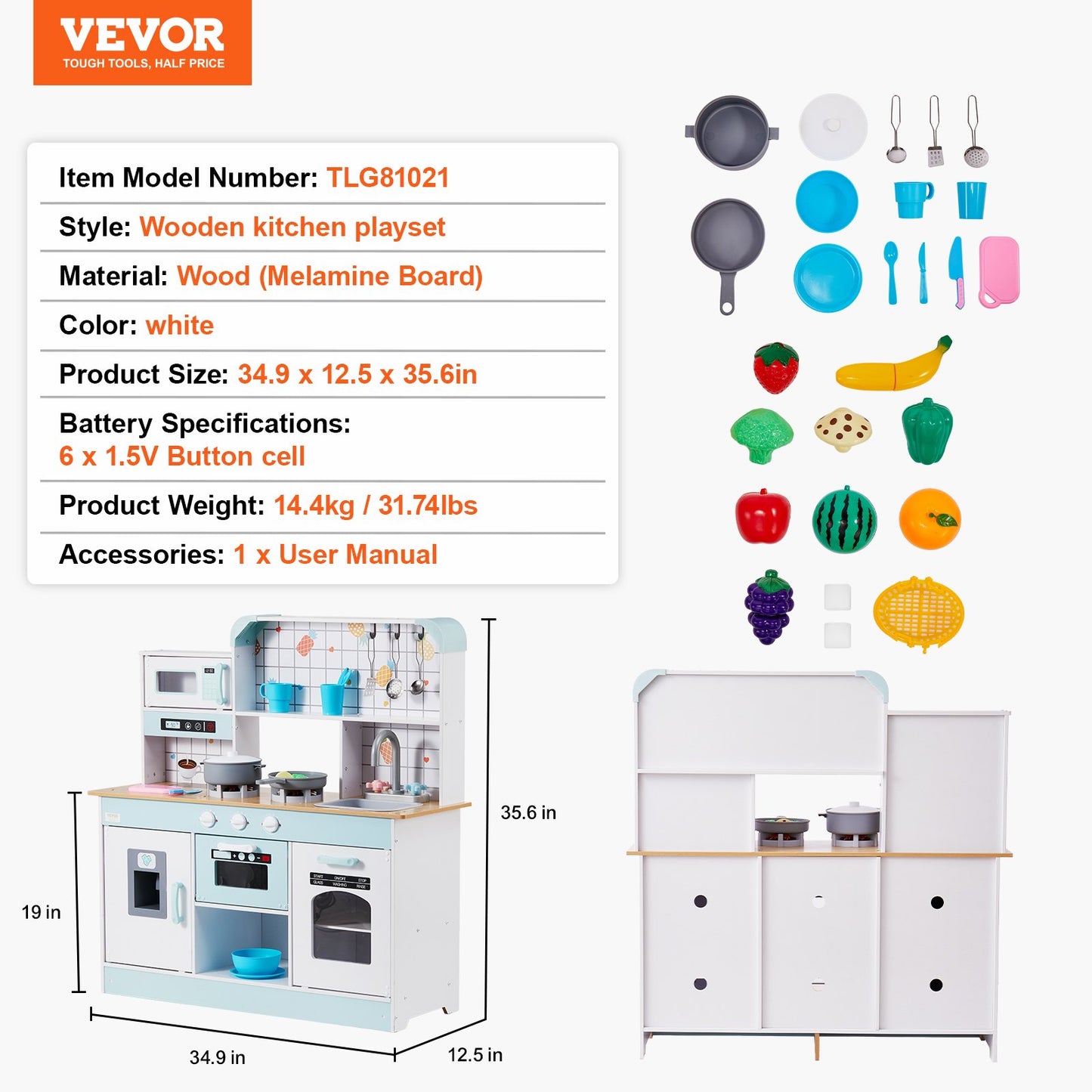 Kitchen Playset Kids Pretend Cooking Play Toy 24 Piece Accessories White - Image 7