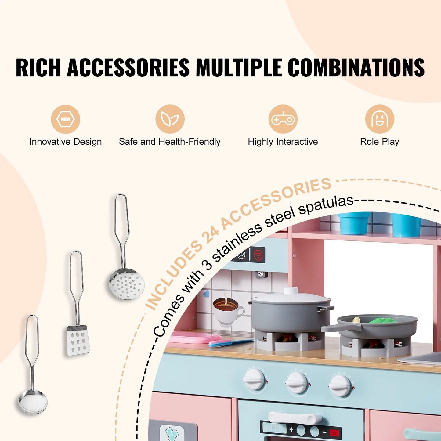 Kitchen Playset Kids Pretend Cooking Play Toy 24 Piece Accessories Pink - Image 2