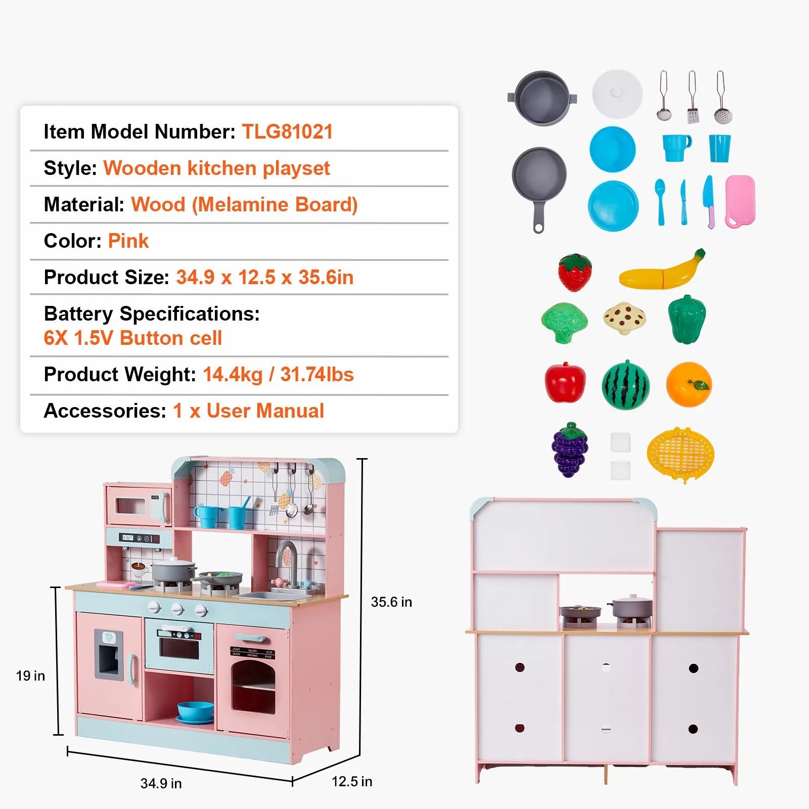 Kitchen Playset Kids Pretend Cooking Play Toy 24 Piece Accessories Pink - Image 7