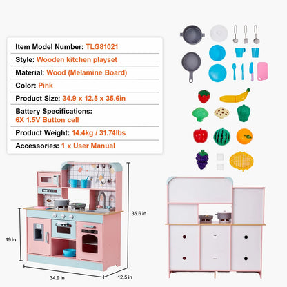 Kitchen Playset Kids Pretend Cooking Play Toy 24 Piece Accessories Pink - Image 7