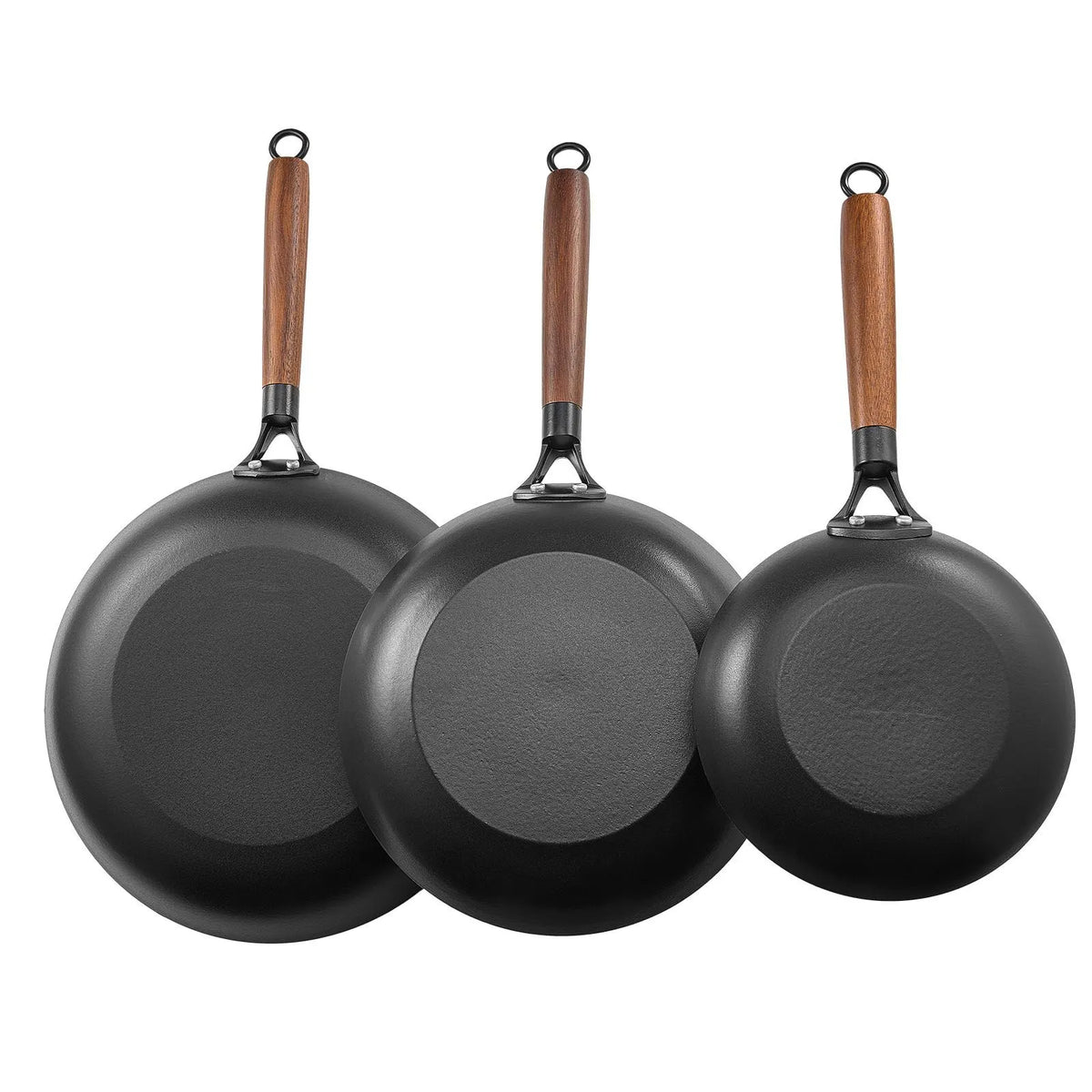 Cast Iron Skillet, 3-Piece Frying Pan Set (205, 265, 310 mm), Nonstick Skillets with Detachable Wood Handle, Pre-Seasoned Chef's Pan, Kitchen Cookware for Gas, Electrical, and Induction, Black