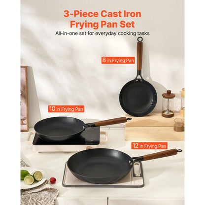 Cast Iron Skillet, 3-Piece Frying Pan Set (205, 265, 310 mm), Nonstick Skillets with Detachable Wood Handle, Pre-Seasoned Chef's Pan, Kitchen Cookware for Gas, Electrical, and Induction, Black - Image 2