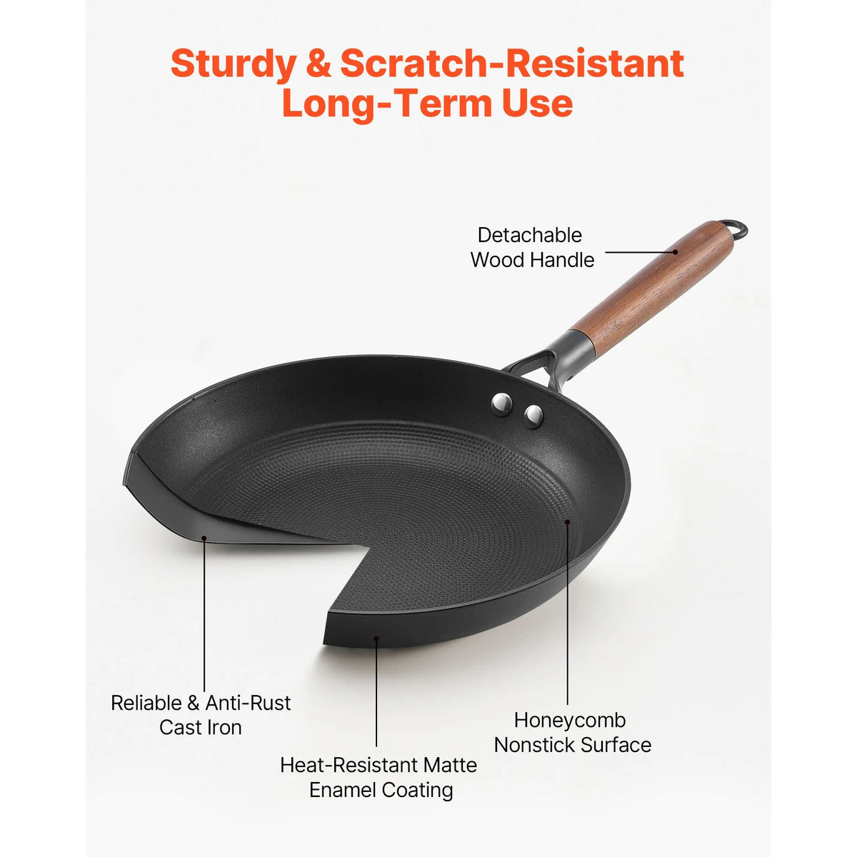 Cast Iron Skillet, 3-Piece Frying Pan Set (205, 265, 310 mm), Nonstick Skillets with Detachable Wood Handle, Pre-Seasoned Chef's Pan, Kitchen Cookware for Gas, Electrical, and Induction, Black - Image 3