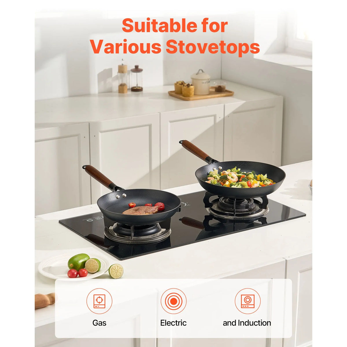 Cast Iron Skillet, 3-Piece Frying Pan Set (205, 265, 310 mm), Nonstick Skillets with Detachable Wood Handle, Pre-Seasoned Chef's Pan, Kitchen Cookware for Gas, Electrical, and Induction, Black - Image 6