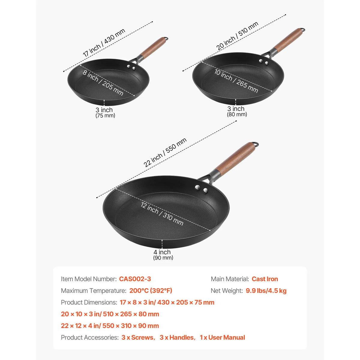 Cast Iron Skillet, 3-Piece Frying Pan Set (205, 265, 310 mm), Nonstick Skillets with Detachable Wood Handle, Pre-Seasoned Chef's Pan, Kitchen Cookware for Gas, Electrical, and Induction, Black - Image 7