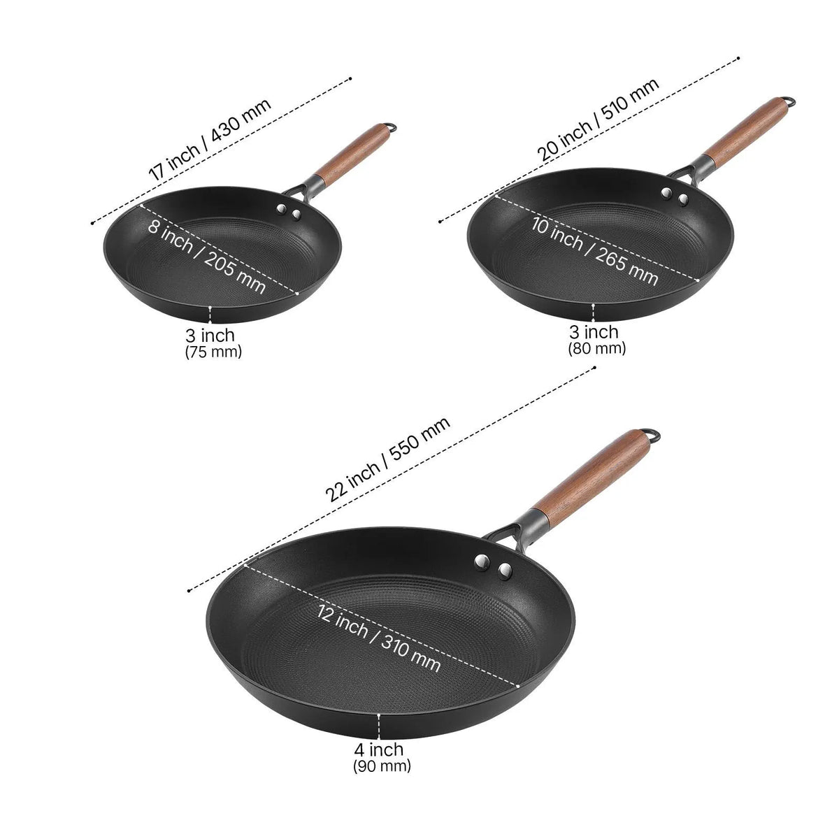 Cast Iron Skillet, 3-Piece Frying Pan Set (205, 265, 310 mm), Nonstick Skillets with Detachable Wood Handle, Pre-Seasoned Chef's Pan, Kitchen Cookware for Gas, Electrical, and Induction, Black - Image 8