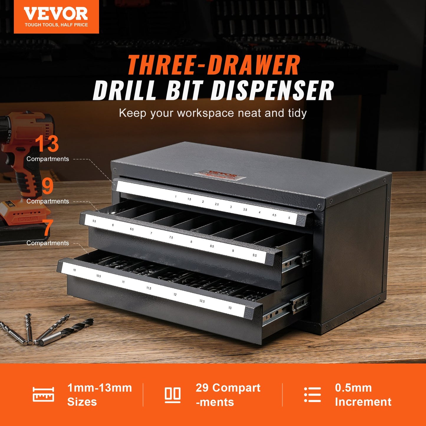Drill Bit Dispenser Cabinet, Three-Drawer Drill Bit Organizer Cabinet for 1mm to 13mm, Steel Drill Dispenser Organizer Cabinet with Labels, Stackable Drill Dispenser for Drill Bit Storage - Image 2