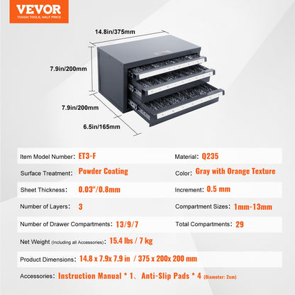 Drill Bit Dispenser Cabinet, Three-Drawer Drill Bit Organizer Cabinet for 1mm to 13mm, Steel Drill Dispenser Organizer Cabinet with Labels, Stackable Drill Dispenser for Drill Bit Storage - Image 7