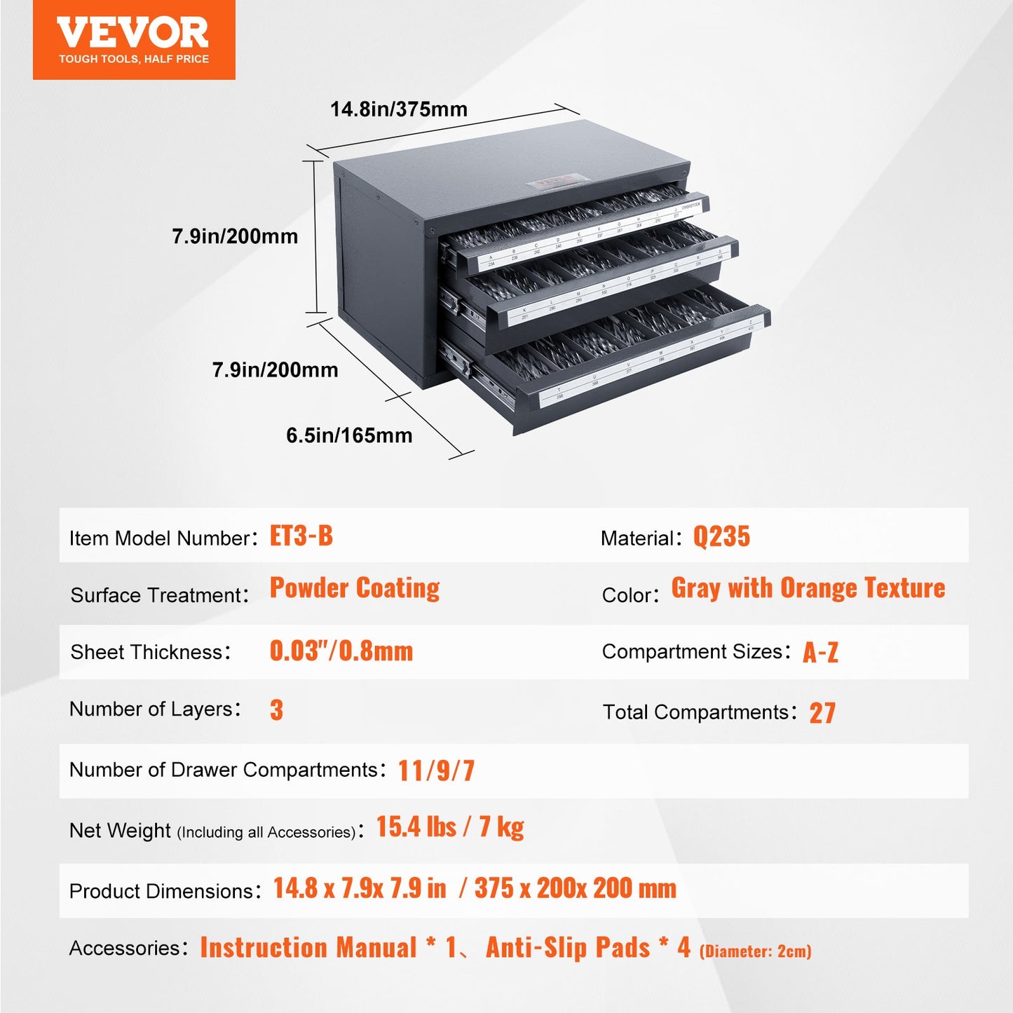Drill Bit Dispenser Cabinet, Three-Drawer Drill Bit Organizer Cabinet for A to Z, Steel Drill Dispenser Organizer Cabinet with Labels, Stackable Drill Dispenser for Drill Bit Storage - Image 7