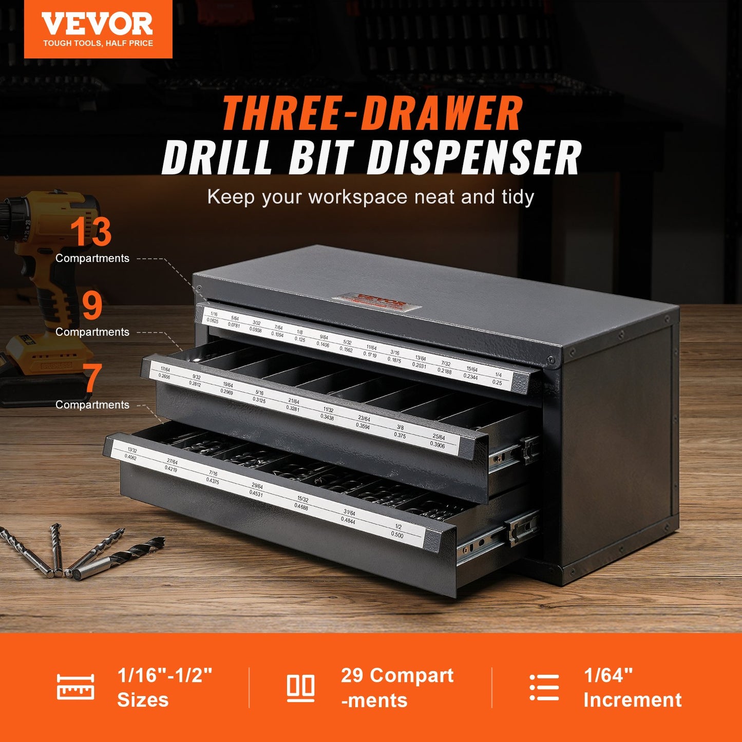 Drill Bit Dispenser Cabinet, Three-Drawer Drill Bit Organizer Cabinet for 1/16" to 1/2", Steel Drill Dispenser Organizer Cabinet with Labels, Stackable Drill Dispenser for Drill Bit Storage - Image 2