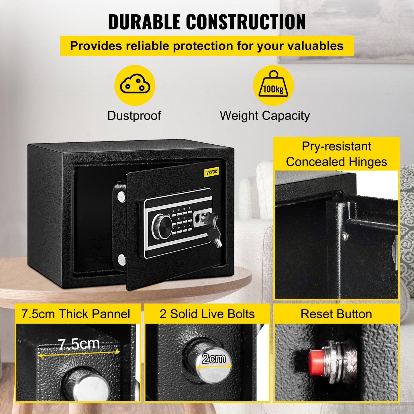 Safe Box, 0.8 CU.FT Fingerprint Safe Box for Money w/ 2 Keys & Digital Keypad, Q235 Steel Safe Box for Storing Cash, Jewelry, Pistols, Documents, Watches in Home & Office & Hotel - Image 4