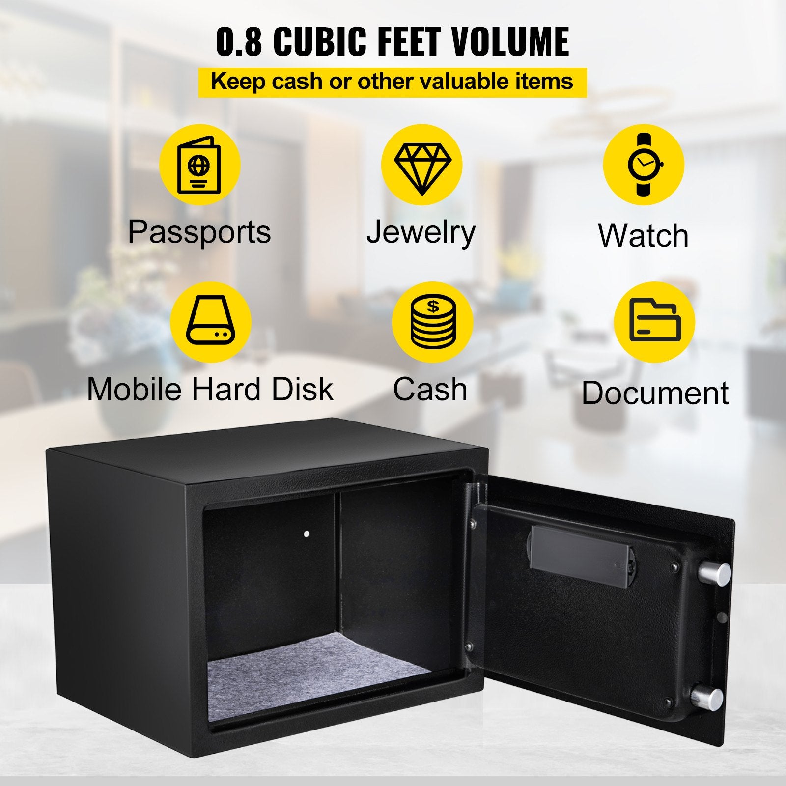 Safe Box, 0.8 CU.FT Fingerprint Safe Box for Money w/ 2 Keys & Digital Keypad, Q235 Steel Safe Box for Storing Cash, Jewelry, Pistols, Documents, Watches in Home & Office & Hotel - Image 5