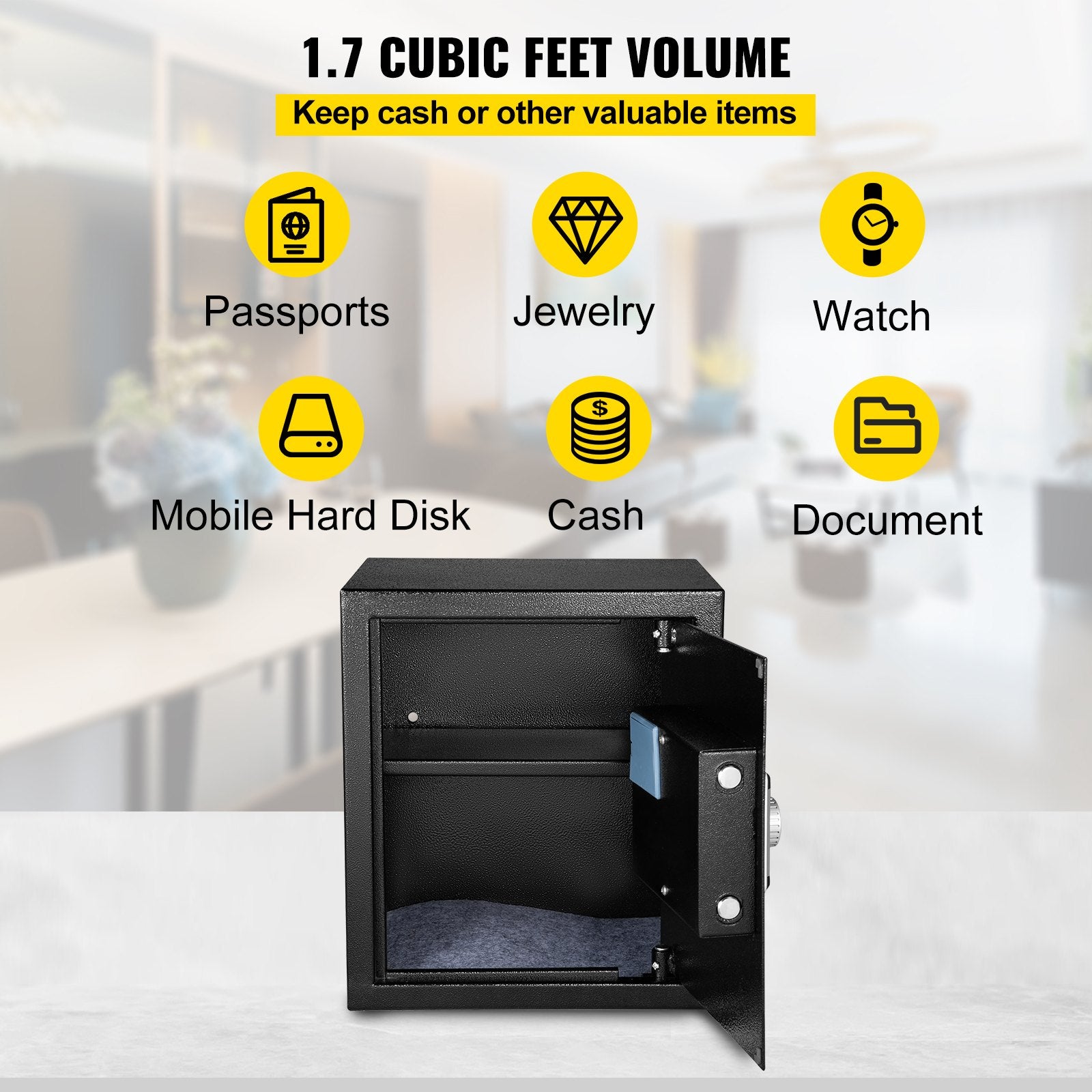 Safe Box, 1.7 CU.FT Fingerprint Safe Box for Money with 2 Keys & Digital Keypad, Q235 Steel Safe Box for Storing Cash, Jewelry, Pistols, Documents, Watches in Home & Office & Hotel - Image 5