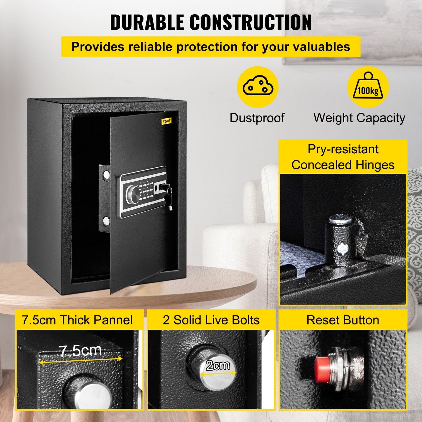 Safe Box, 2.1 CU.FT Fingerprint Safe Box for Money w/ 2 Keys & Digital Keypad, Q235 Steel Safe Box for Storing Cash, Jewelry, Pistols, Documents, Watches in Home & Office & Hotel - Image 4