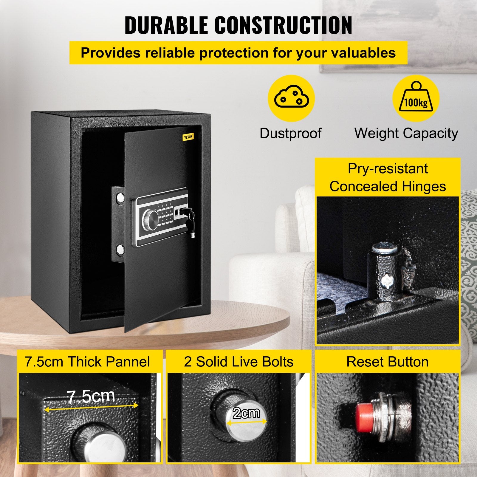 Safe Box, 2.1 CU.FT Fingerprint Safe Box for Money w/ 2 Keys & Digital Keypad, Q235 Steel Safe Box for Storing Cash, Jewelry, Pistols, Documents, Watches in Home & Office & Hotel - Image 4
