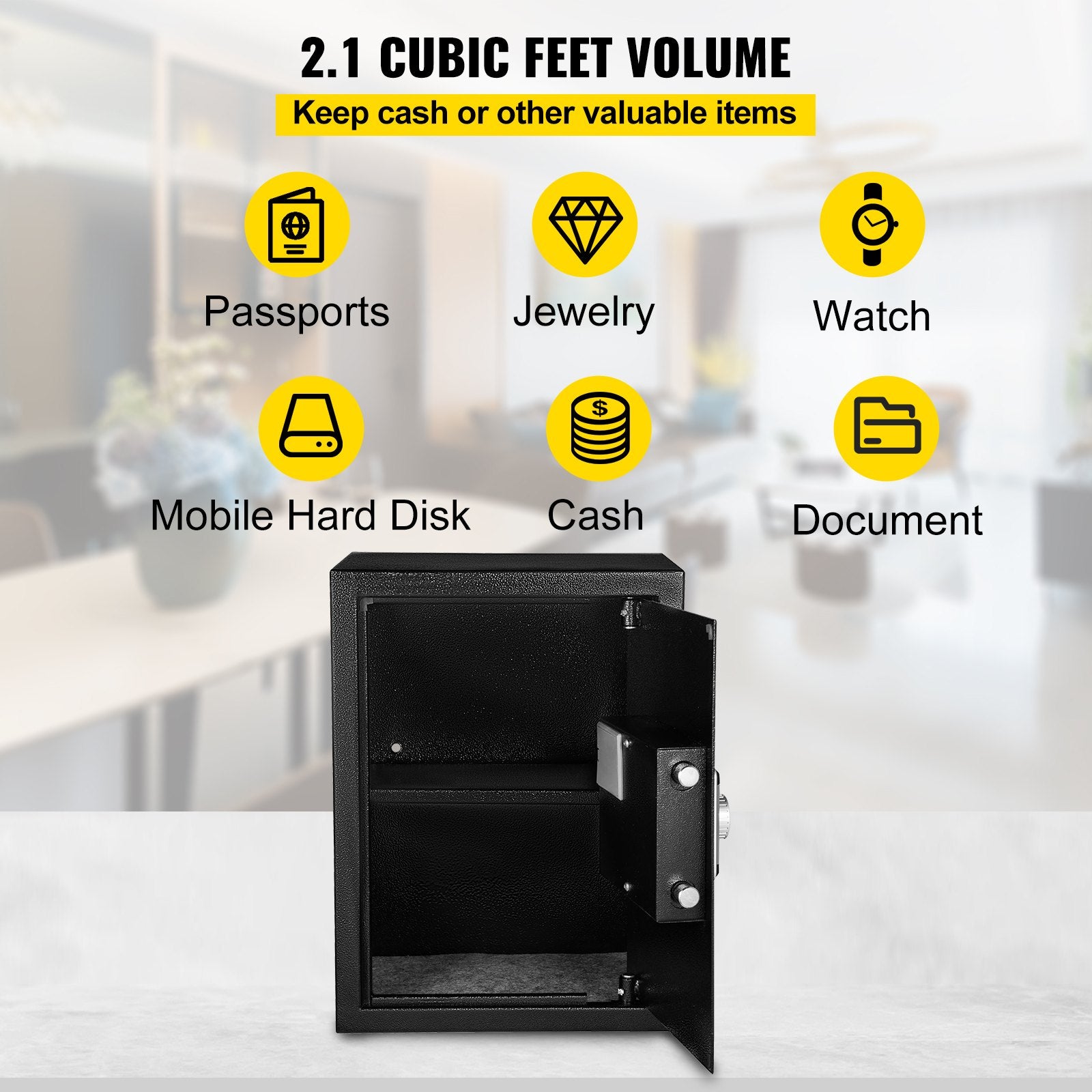 Safe Box, 2.1 CU.FT Fingerprint Safe Box for Money w/ 2 Keys & Digital Keypad, Q235 Steel Safe Box for Storing Cash, Jewelry, Pistols, Documents, Watches in Home & Office & Hotel - Image 5