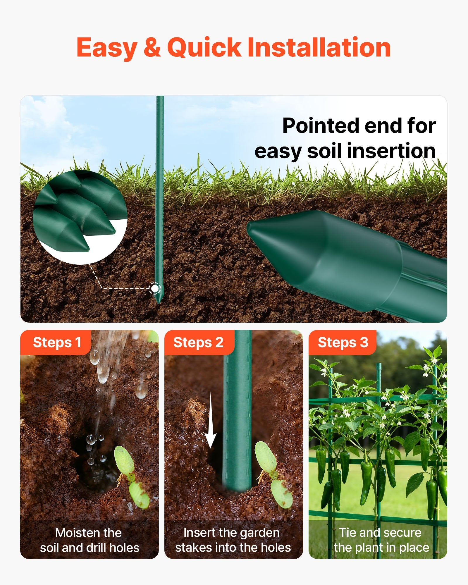 Garden Stakes, 50 Pack, 1170 mm, Plastic Coated Metal Tomato Stakes, Garden Sticks for Plants Support, with Pointed End and Non-Slip Bumps for Growing Climbing Plants, Outdoor Vegetables - Image 4