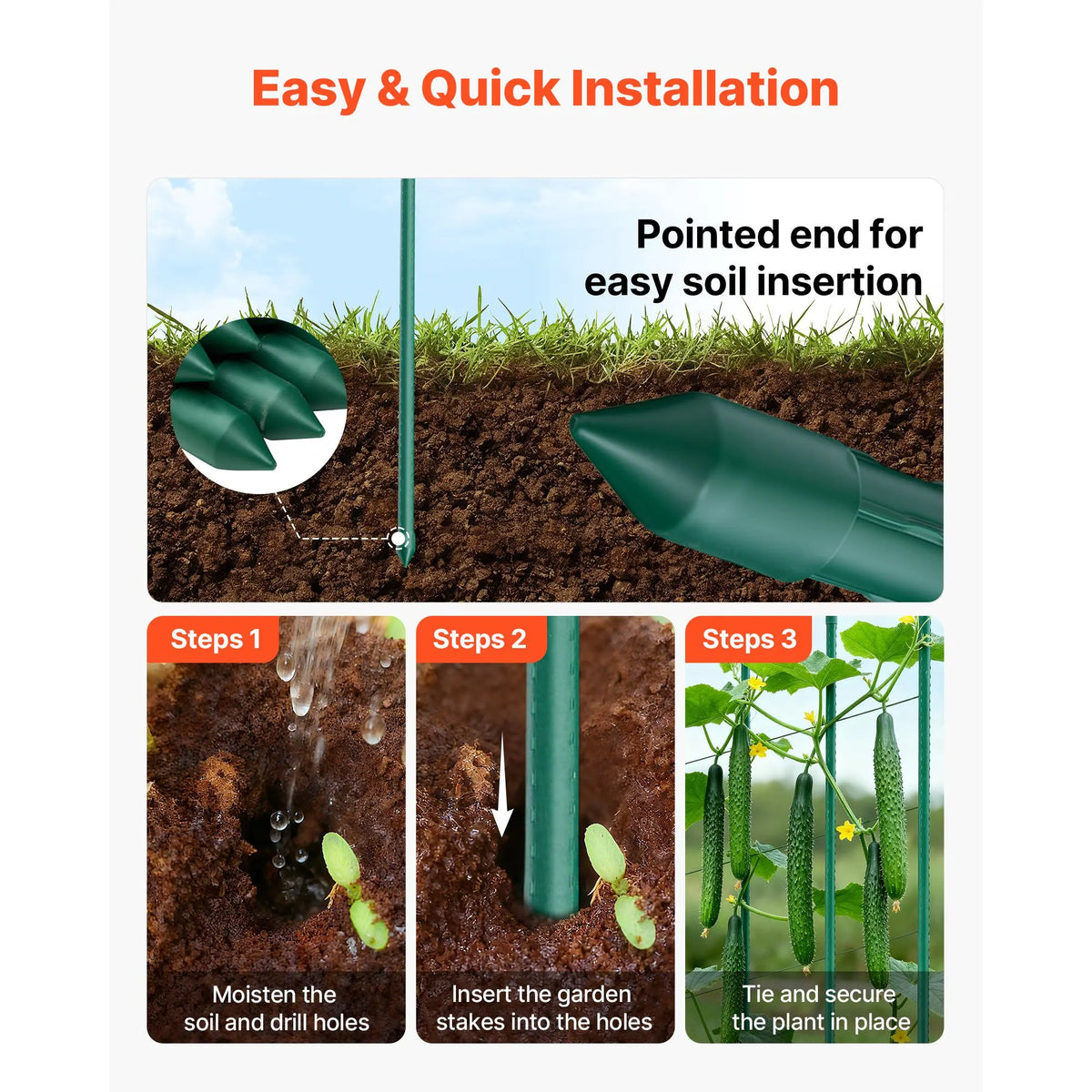 Garden Stakes, 50 Pack, 1455 mm, Plastic Coated Metal Tomato Stakes, Garden Sticks for Plants Support, with Pointed End and Non-Slip Bumps for Growing Climbing Plants, Outdoor Vegetables - Image 4