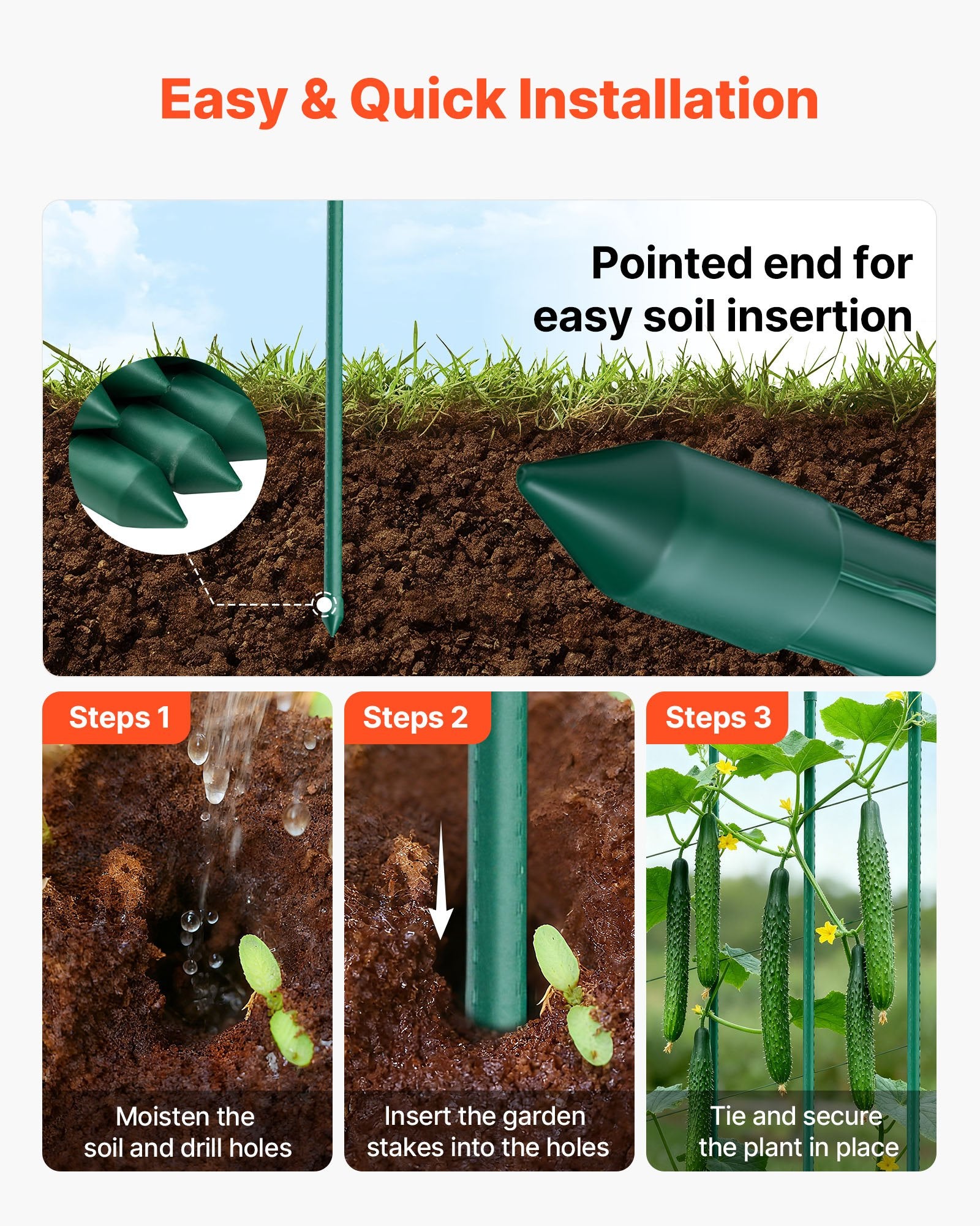 Garden Stakes, 50 Pack, 1455 mm, Plastic Coated Metal Tomato Stakes, Garden Sticks for Plants Support, with Pointed End and Non-Slip Bumps for Growing Climbing Plants, Outdoor Vegetables - Image 4