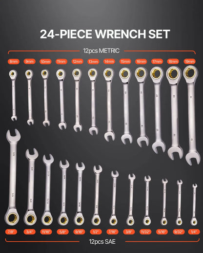 Combination Wrench Set 24 PCS SAE 1/4" - 7/8" Metric 8-19mm Organizer Rack - Image 2
