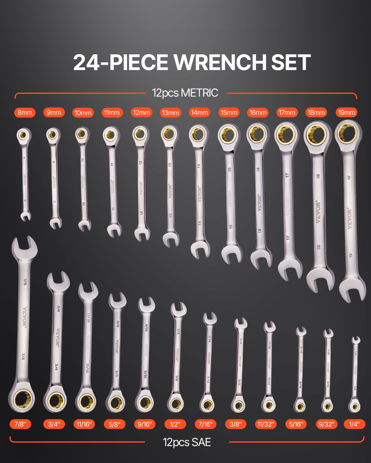 Combination Wrench Set 24 PCS SAE 1/4" - 7/8" Metric 8-19mm Organizer Rack - Image 2