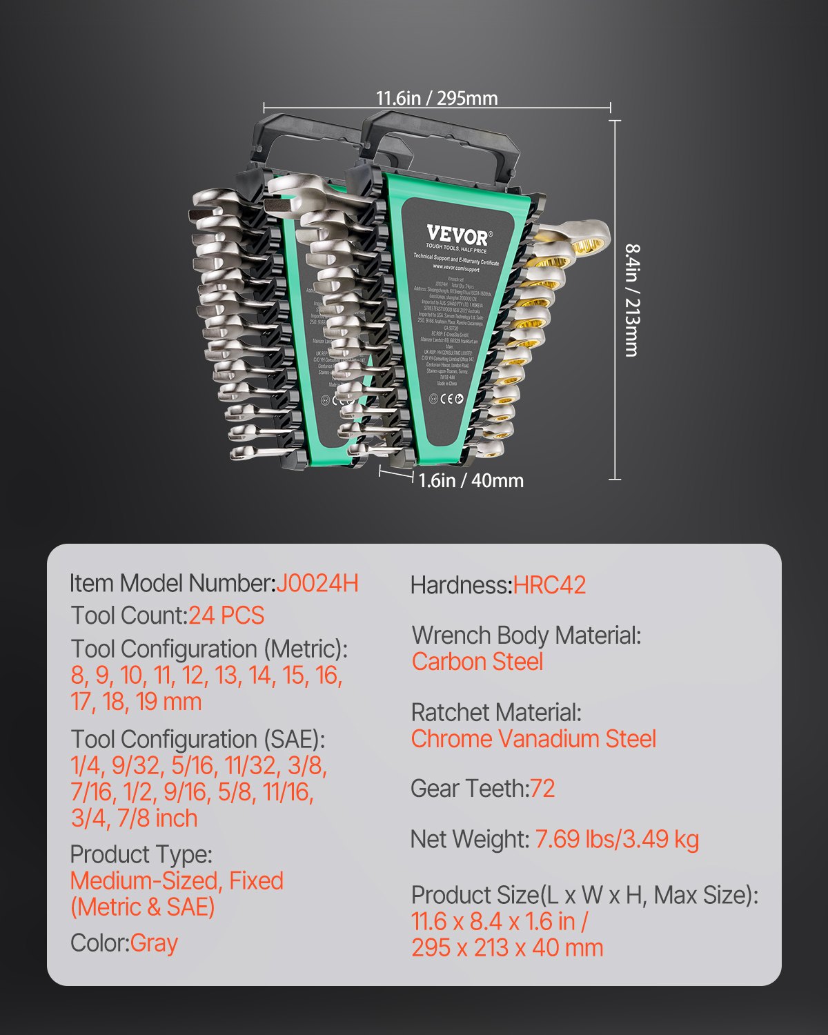 Combination Wrench Set 24 PCS SAE 1/4" - 7/8" Metric 8-19mm Organizer Rack - Image 7