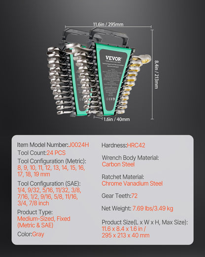 Combination Wrench Set 24 PCS SAE 1/4" - 7/8" Metric 8-19mm Organizer Rack - Image 7