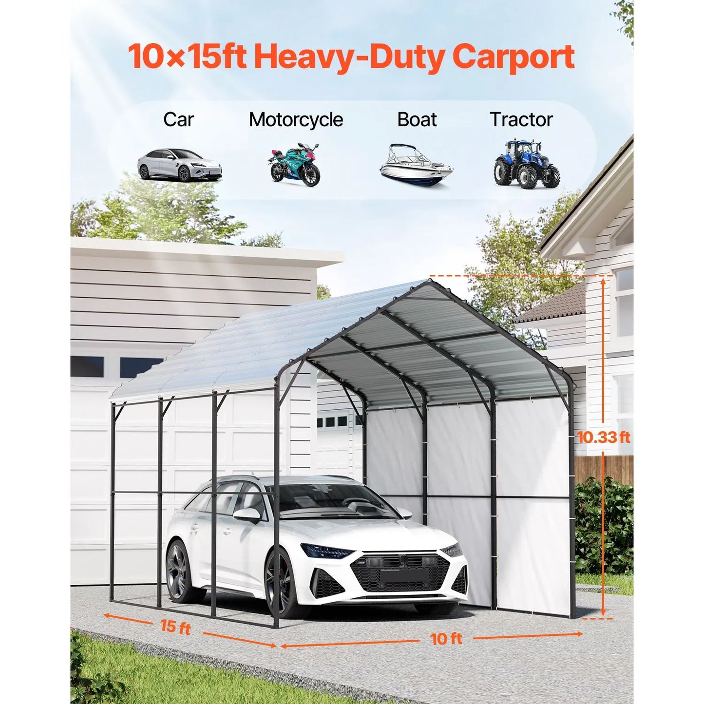 Heavy Duty Metal Carport, 10' x 15' Outdoor Carport with Galvanized Steel Frame & Roof, Car Tent Garage Shade with Removable Sidewalls, Multi-Use Car Shelter for Pickup, Boat, Car & Tractors - Image 2