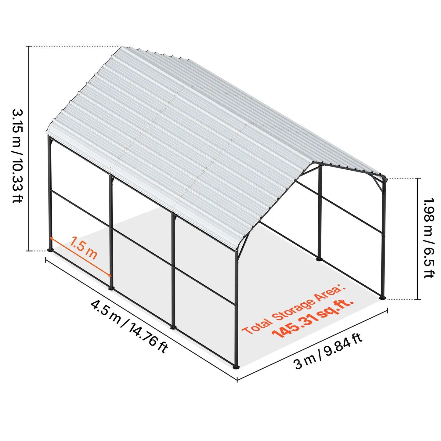 Heavy Duty Metal Carport, 10' x 15' Outdoor Carport with Galvanized Steel Frame & Roof, Car Tent Garage Shade with Removable Sidewalls, Multi-Use Car Shelter for Pickup, Boat, Car & Tractors - Image 8