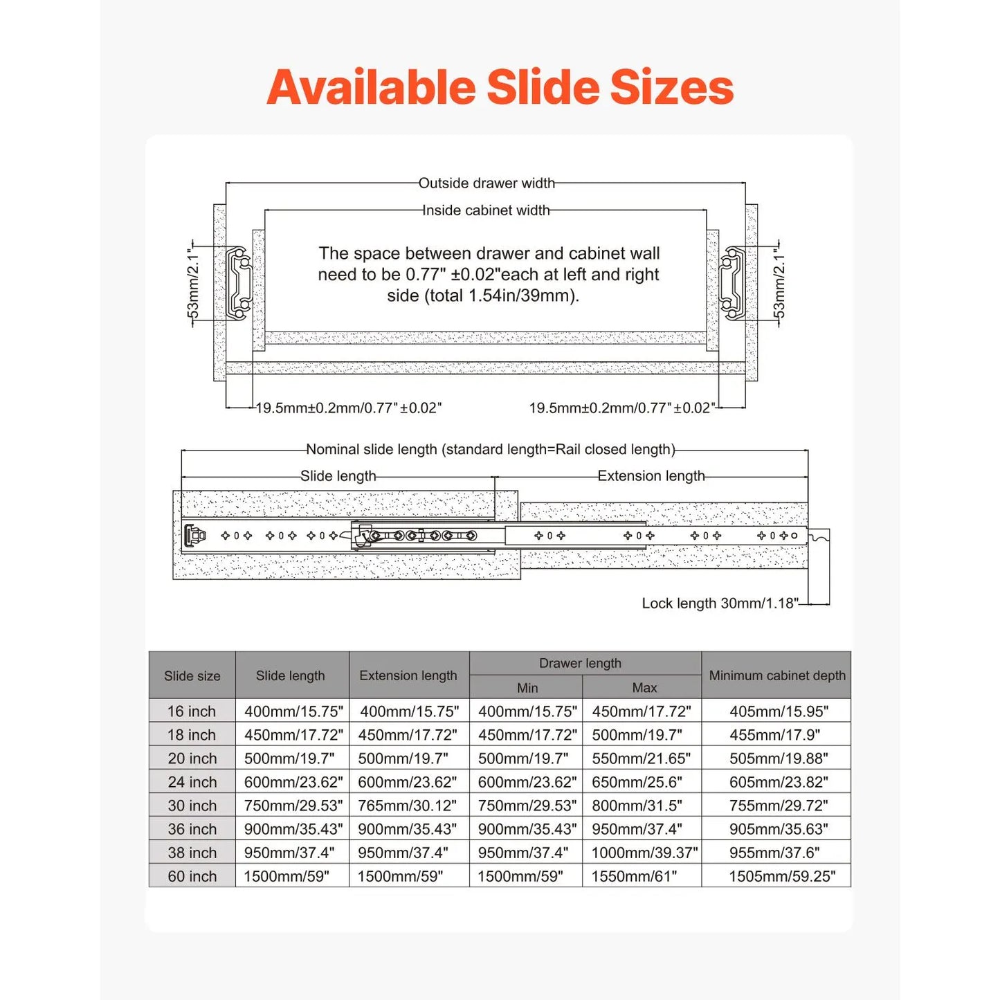 1 Pair 16-60 in Soft-Close Drawer Slides Ball Bearing Full Extension - Image 6