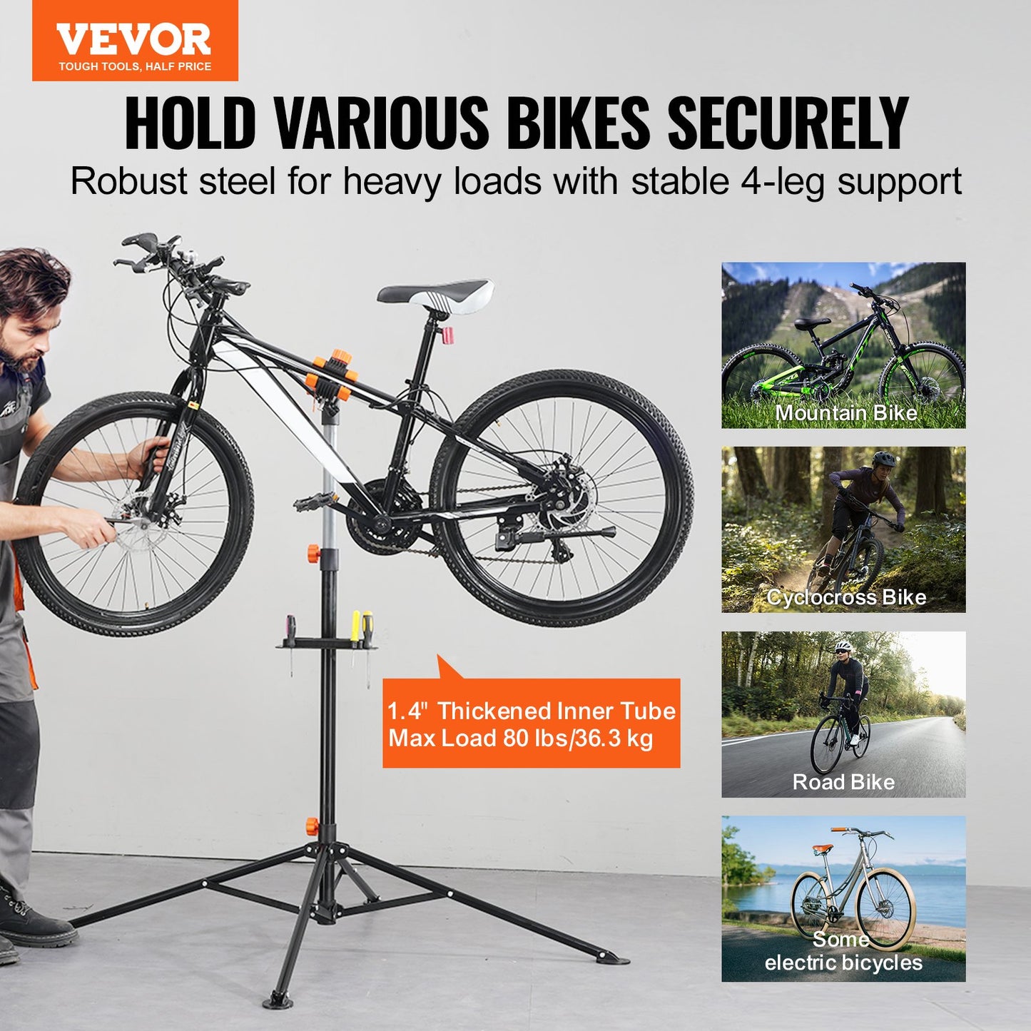 Bike Repair Stand, 80 lbs Heavy-duty Steel Bicycle Repair Stand, Adjustable Height Bike Maintenance Workstand with Magnetic Tool Tray Telescopic Arm, Foldable Bike Work Stand for Home, Shops - Image 2