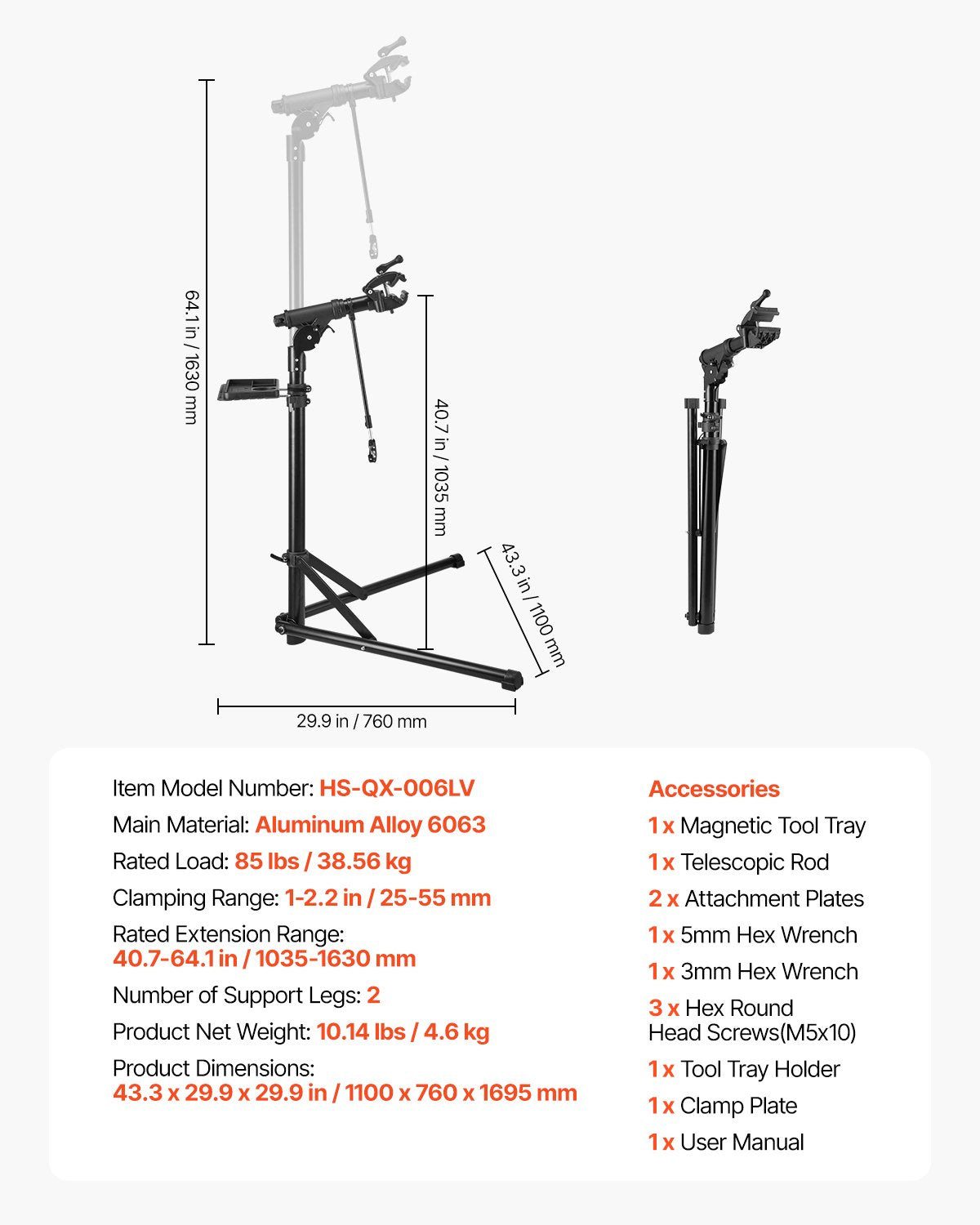 Bike Repair Stand, 38.56 kg Heavy-duty Bicycle Work Stand with 1035-1630 mm Adjustable Height & Magnetic Tool Tray, Foldable Bicycle Maintenance Rack, Shop Home Mechanics for Mountain & Road Bike - Image 7