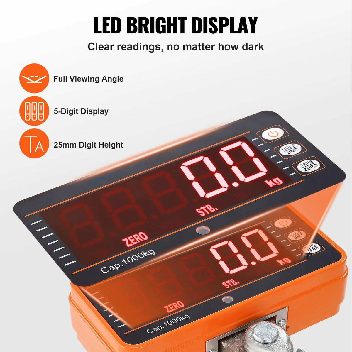 Digital Crane Scale, 2200 lbs/1000 kg, Industrial Heavy Duty Hanging Scale with Remote Control, Cast Aluminum Case & LED Screen, High Precision for Construction, Factory, Farm, Hunting (Orange) - Image 6