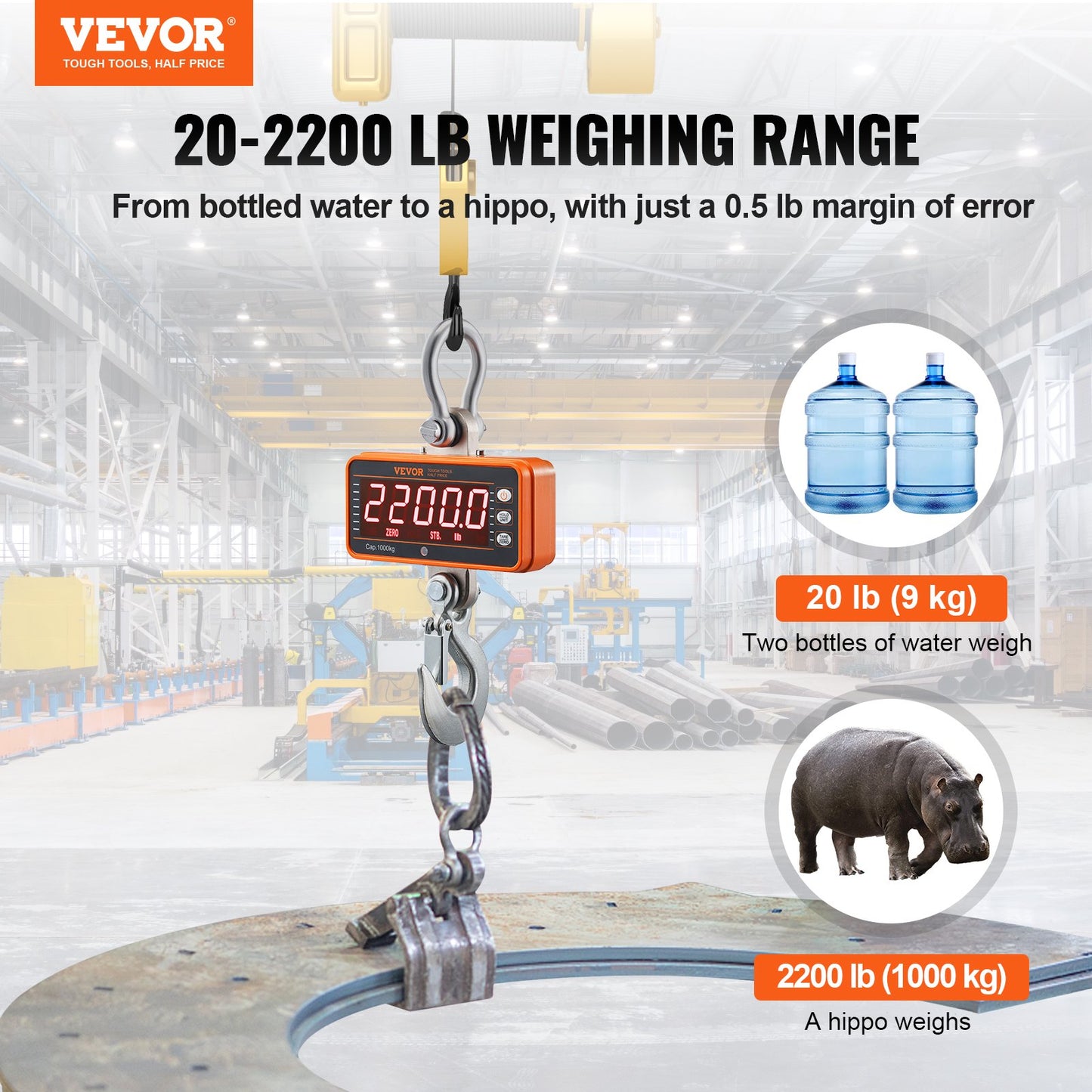 Digital Crane Scale, 2200 lbs/1000 kg, Industrial Heavy Duty Hanging Scale with Remote Control, Cast Aluminum Case & LED Screen, High Precision for Construction, Factory, Farm, Hunting (Orange) - Image 2