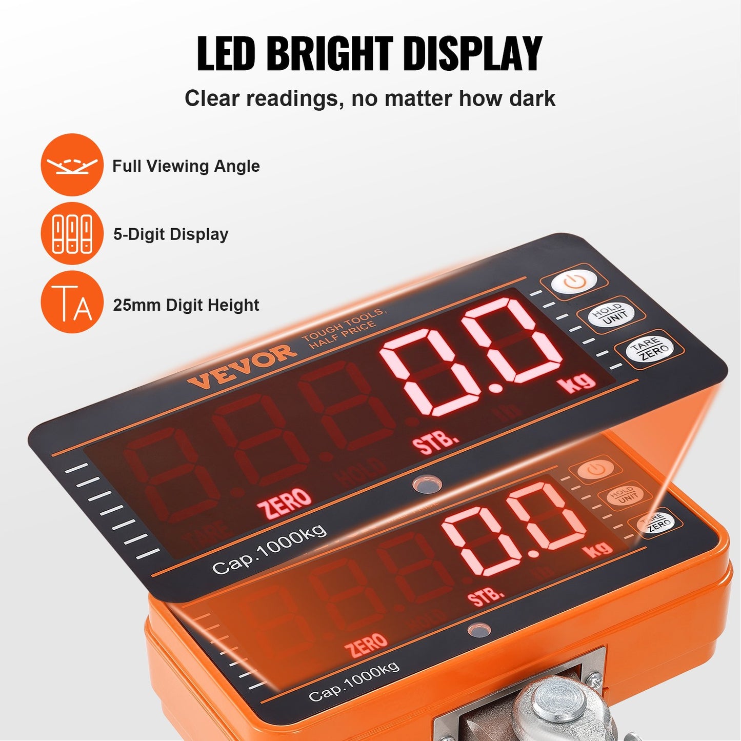 Digital Crane Scale, 2200 lbs/1000 kg, Industrial Heavy Duty Hanging Scale with Remote Control, Cast Aluminum Case & LED Screen, High Precision for Construction, Factory, Farm, Hunting (Orange) - Image 6