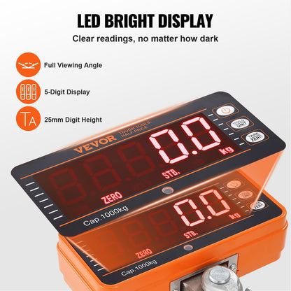 Digital Crane Scale, 2200 lbs/1000 kg, Industrial Heavy Duty Hanging Scale with Remote Control, Cast Aluminum Case & LED Screen, High Precision for Construction, Factory, Farm, Hunting (Orange) - Image 6