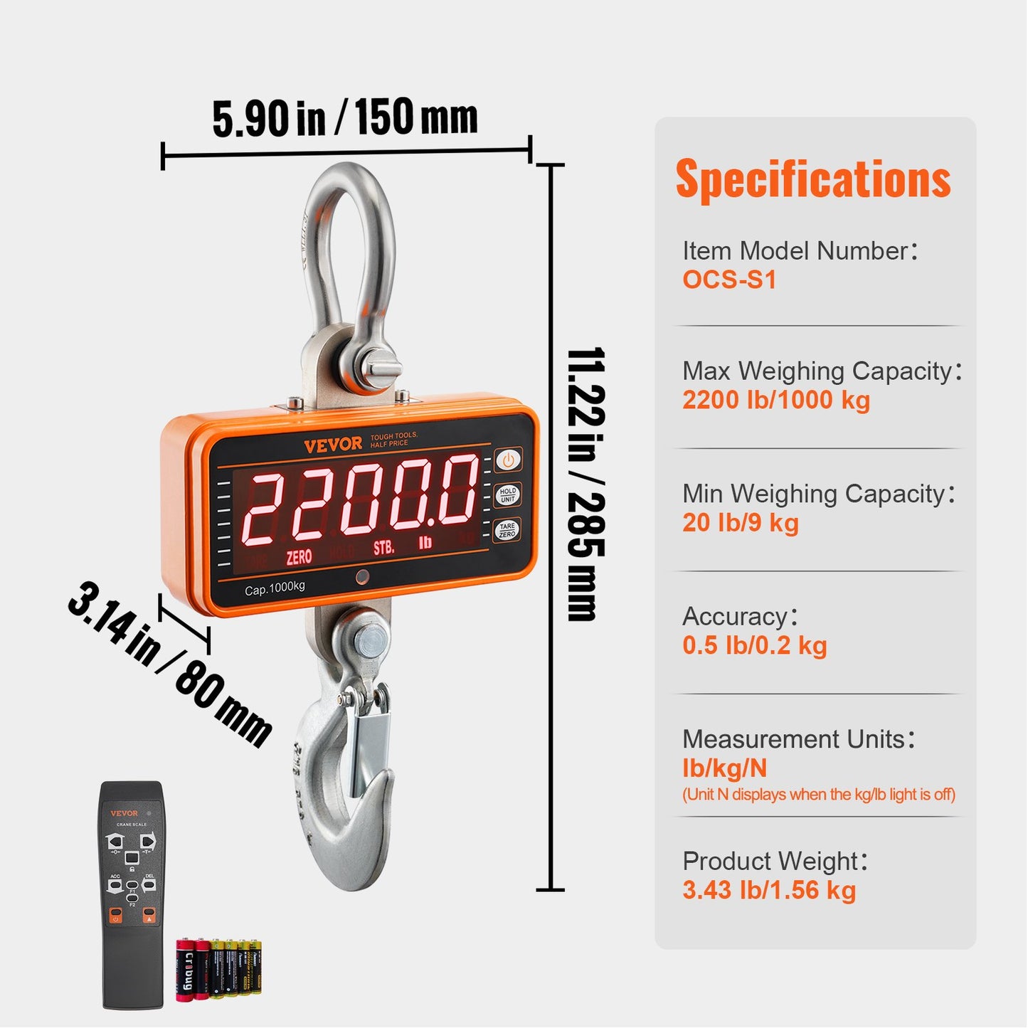 Digital Crane Scale, 2200 lbs/1000 kg, Industrial Heavy Duty Hanging Scale with Remote Control, Cast Aluminum Case & LED Screen, High Precision for Construction, Factory, Farm, Hunting (Orange) - Image 7