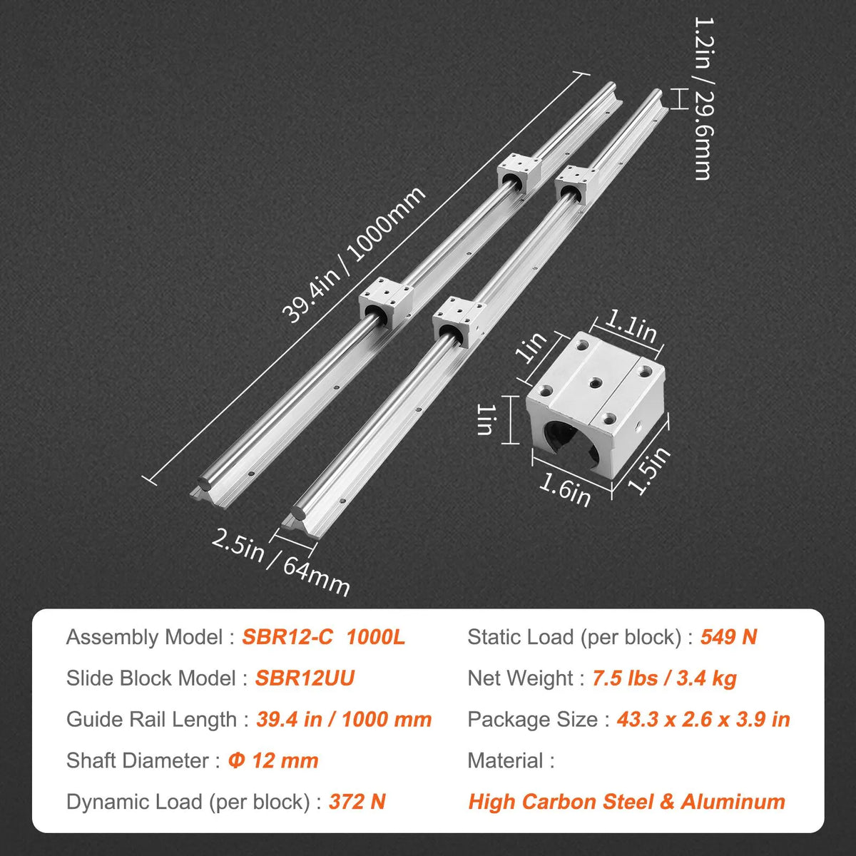Linear Guide Rail Set, SBR12 1000mm, 2 PCS 39.4 in/1000 mm SBR12 Guide Rails and 4 PCS SBR12UU Slide Blocks, Linear Rails and Bearings Kit for Automated Machines DIY Project CNC Router Machines - Image 7