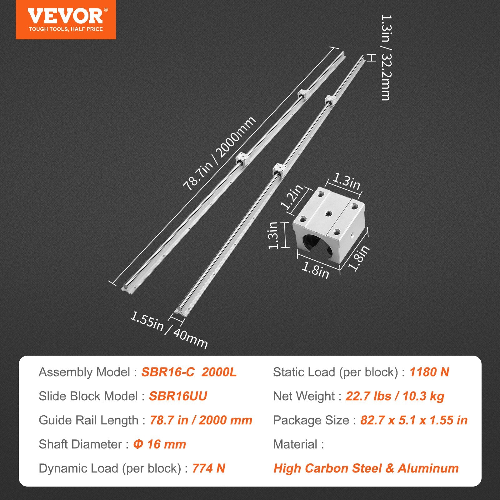 Linear Guide Rail Set, SBR16 2000mm, 2 PCS 78.7 in/2000 mm SBR16 Guide Rails and 4 PCS SBR16UU Slide Blocks, Linear Rails and Bearings Kit for Automated Machines DIY Project CNC Router Machines - Image 7