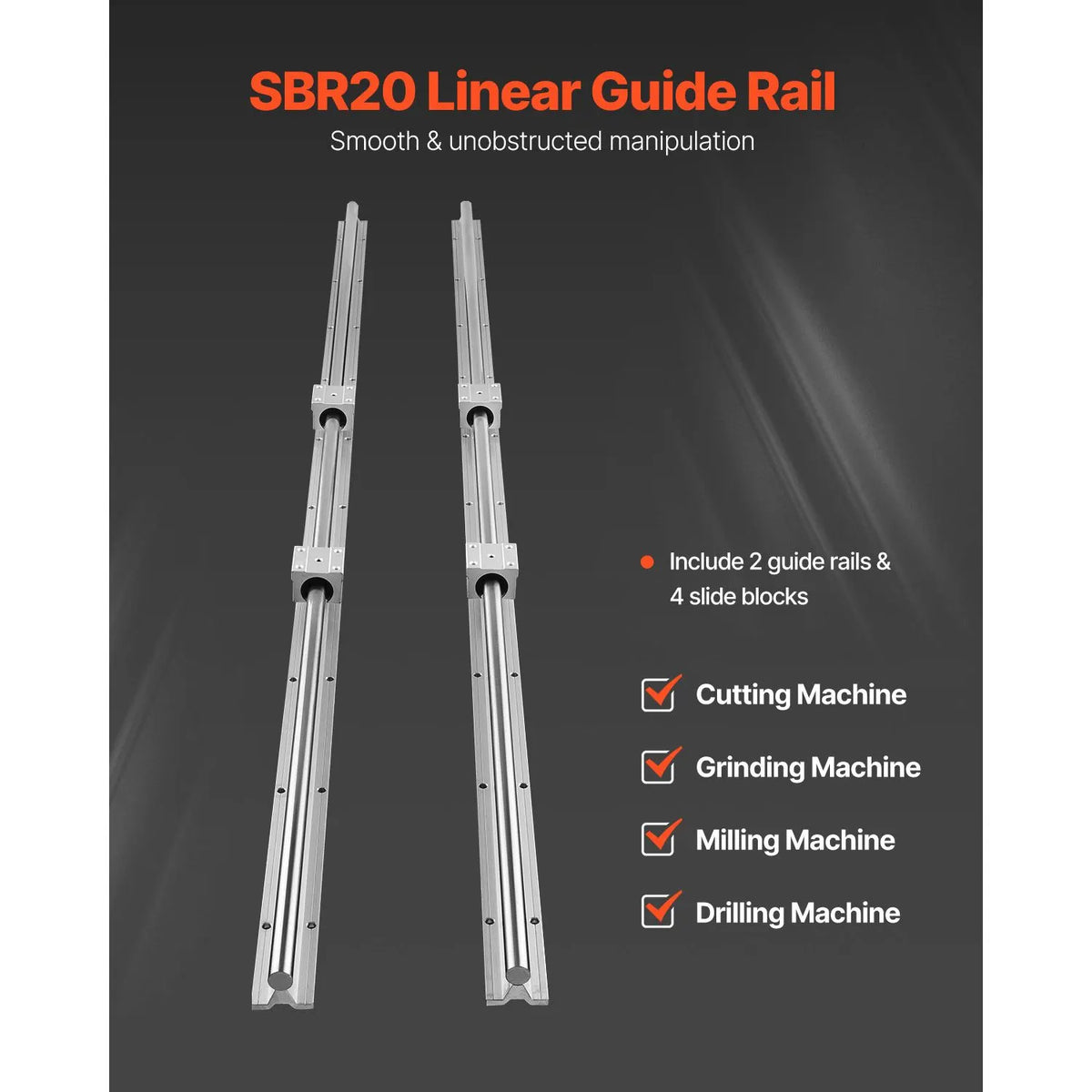 Linear Guide Rail Set, SBR20 1500mm, 2 PCS 59 in/1500 mm SBR20 Guide Rails and 4 PCS SBR20UU Slide Blocks, Linear Rails and Bearings Kit for Automated Machines DIY Project CNC Router Machines - Image 2