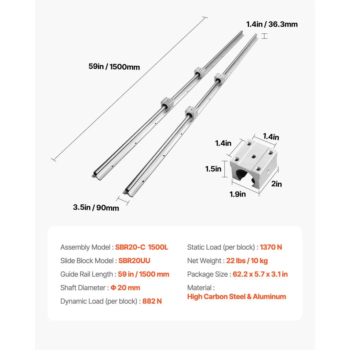 Linear Guide Rail Set, SBR20 1500mm, 2 PCS 59 in/1500 mm SBR20 Guide Rails and 4 PCS SBR20UU Slide Blocks, Linear Rails and Bearings Kit for Automated Machines DIY Project CNC Router Machines - Image 7