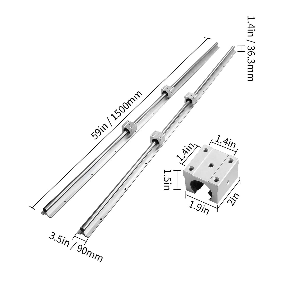 Linear Guide Rail Set, SBR20 1500mm, 2 PCS 59 in/1500 mm SBR20 Guide Rails and 4 PCS SBR20UU Slide Blocks, Linear Rails and Bearings Kit for Automated Machines DIY Project CNC Router Machines - Image 8