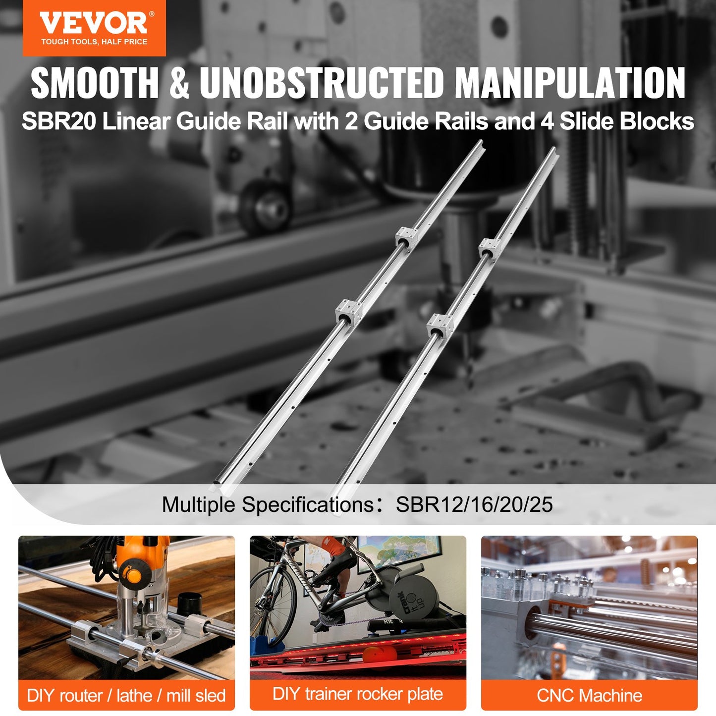 Linear Guide Rail Set, SBR20 1500mm, 2 PCS 59 in/1500 mm SBR20 Guide Rails and 4 PCS SBR20UU Slide Blocks, Linear Rails and Bearings Kit for Automated Machines DIY Project CNC Router Machines - Image 2