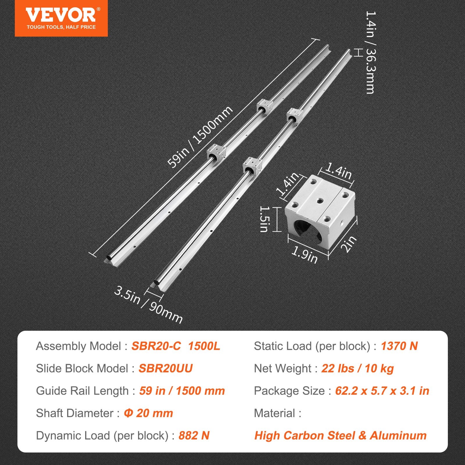 Linear Guide Rail Set, SBR20 1500mm, 2 PCS 59 in/1500 mm SBR20 Guide Rails and 4 PCS SBR20UU Slide Blocks, Linear Rails and Bearings Kit for Automated Machines DIY Project CNC Router Machines - Image 7