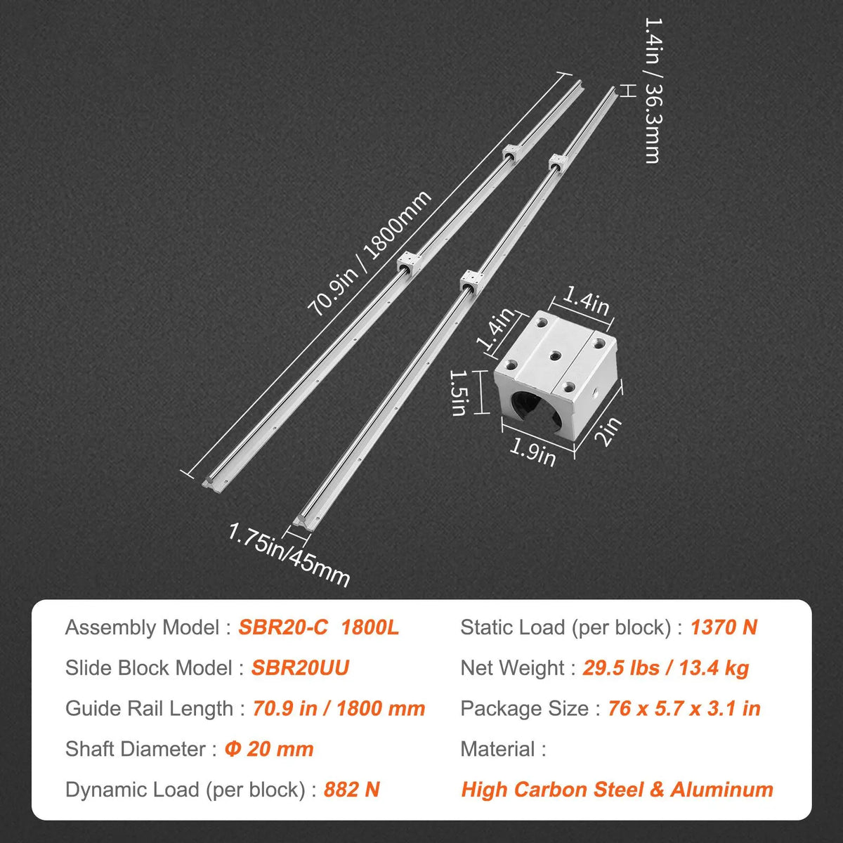 Linear Guide Rail Set, SBR20 1800mm, 2 PCS 70.9 in/1800 mm SBR20 Guide Rails and 4 PCS SBR20UU Slide Blocks, Linear Rails and Bearings Kit for Automated Machines DIY Project CNC Router Machines - Image 7