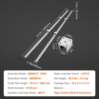 Linear Guide Rail Set, SBR20 1800mm, 2 PCS 70.9 in/1800 mm SBR20 Guide Rails and 4 PCS SBR20UU Slide Blocks, Linear Rails and Bearings Kit for Automated Machines DIY Project CNC Router Machines - Image 7