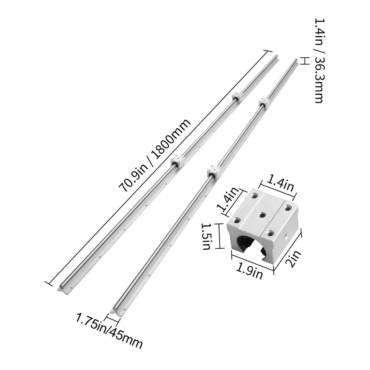 Linear Guide Rail Set, SBR20 1800mm, 2 PCS 70.9 in/1800 mm SBR20 Guide Rails and 4 PCS SBR20UU Slide Blocks, Linear Rails and Bearings Kit for Automated Machines DIY Project CNC Router Machines - Image 8