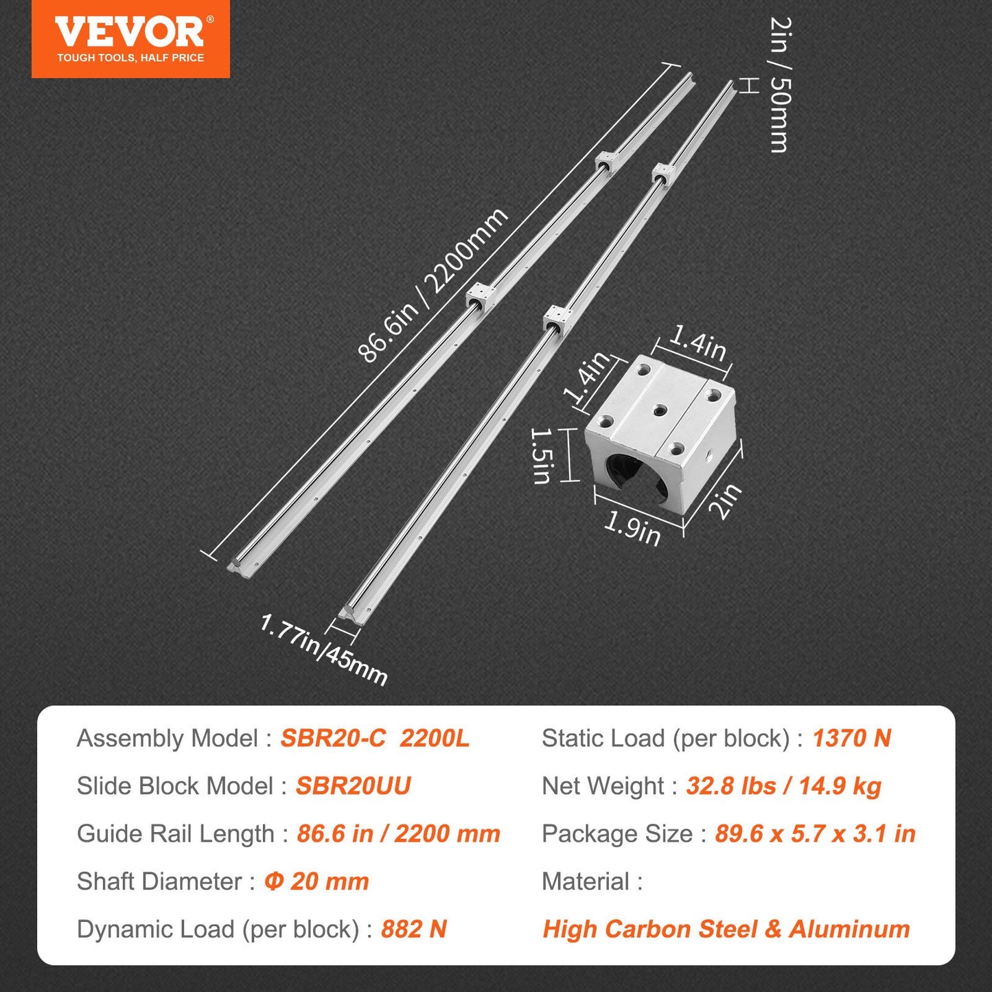 Linear Guide Rail Set, SBR20 2200mm, 2 PCS 86.6 in/2200 mm SBR20 Guide Rails and 4 PCS SBR20UU Slide Blocks, Linear Rails and Bearings Kit for Automated Machines DIY Project CNC Router Machines - Image 7